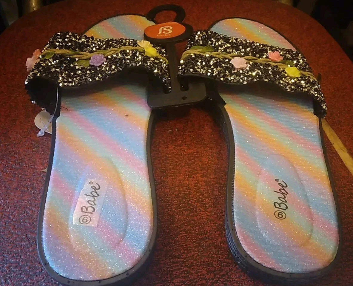 Babe's Rainbow Floral Black Fashion Women's Slides Slippers Size 6 (BRAND NEW)