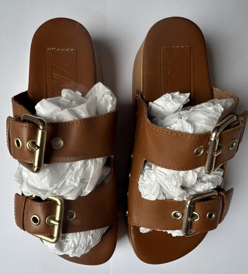 ZARA Brown Leather Buckled Wood Clog Sandals Size 38/7.5 US EUC Retro 70’s Style