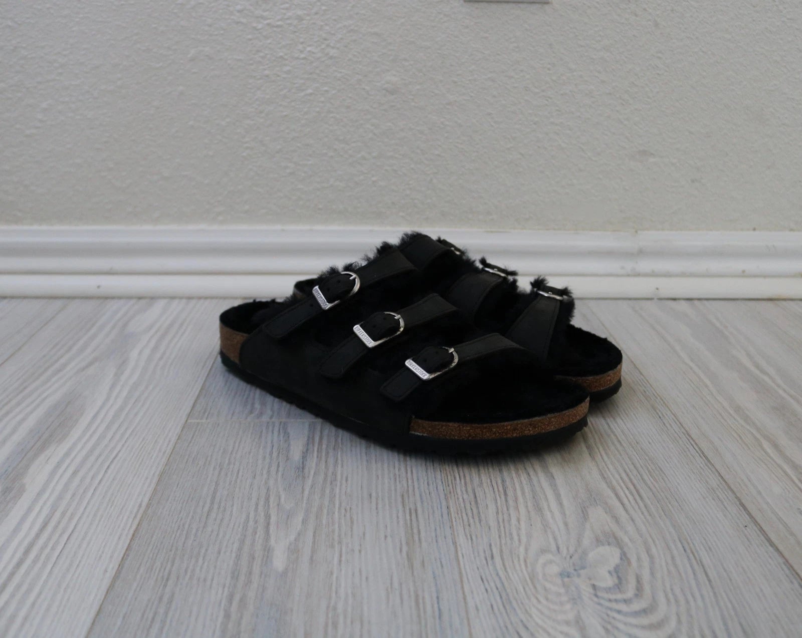 Birkenstock Florida Triple Strap Black Sandals Fur Lined EU 41 US W 10 US M 8.5