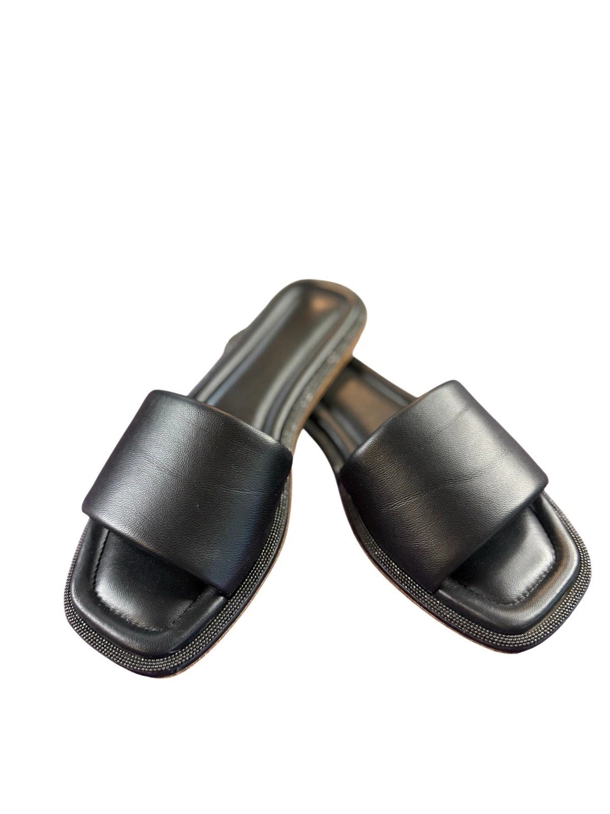 BRUNELLO CUCINELLI $895 Slide Sandal  Sparkling Monili Trim Blck Leather Sz 36.5