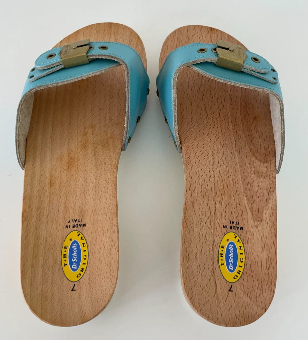 Dr. Scholl's The Original Wooden Sandals Slides Aqua Blue Leather Size 7 Italy