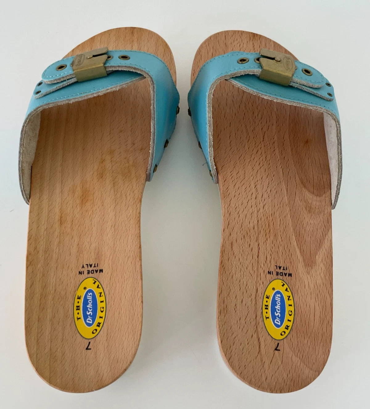 Dr. Scholl's The Original Wooden Sandals Slides Aqua Blue Leather Size 7 Italy