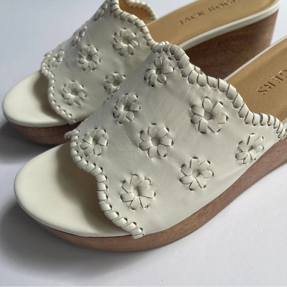 Jack Rogers Platform Wedge White Leather Sandals Size 9.5M Rory Style Scalloped