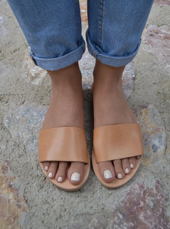Ancient Greek style natural flat real leather slide sandals handmade minimalist