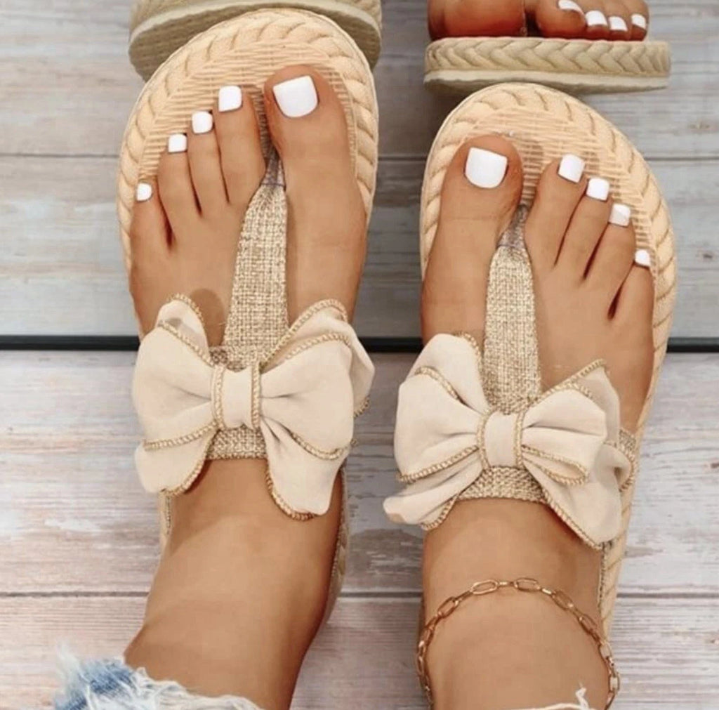 Flip Flop Thong Sandals Fashion Slides Bow Decor Khaki Size 41 US 9-9.5
