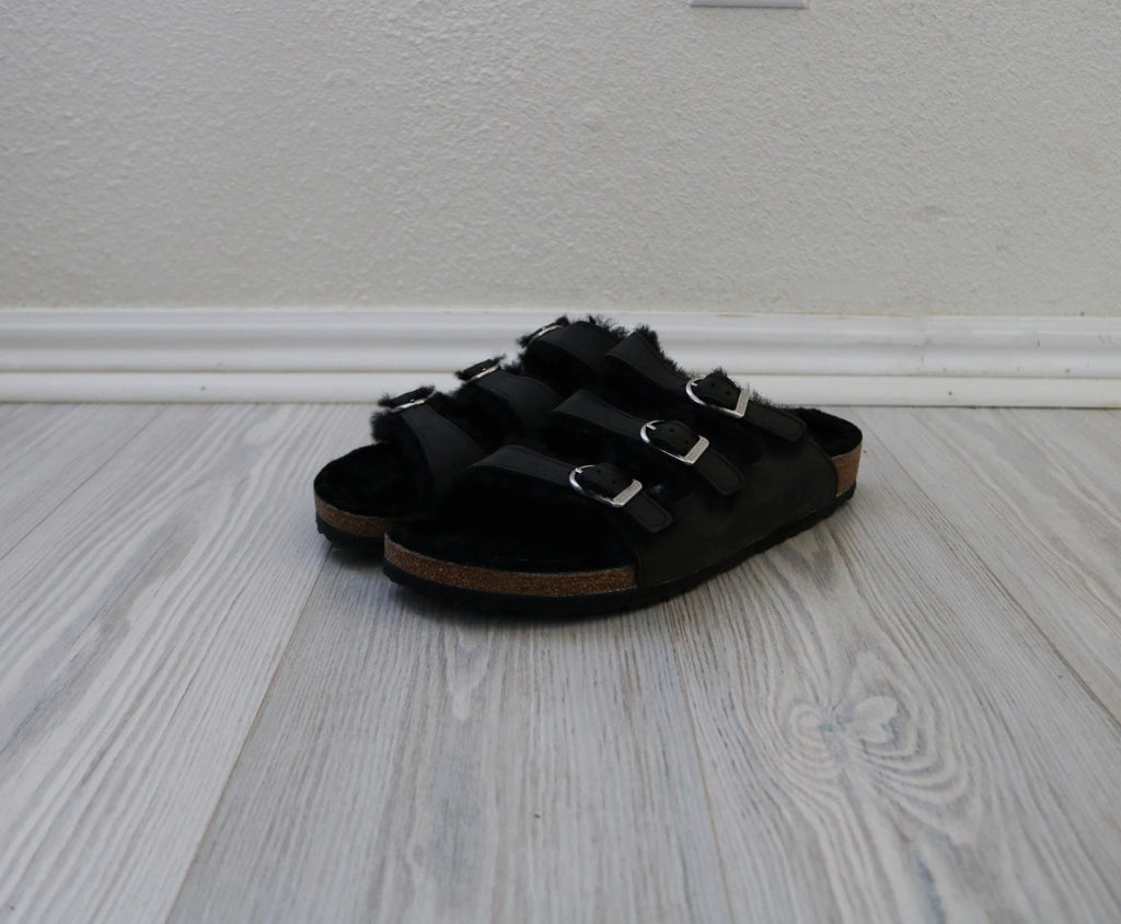 Birkenstock Florida Triple Strap Black Sandals Fur Lined EU 41 US W 10 US M 8.5