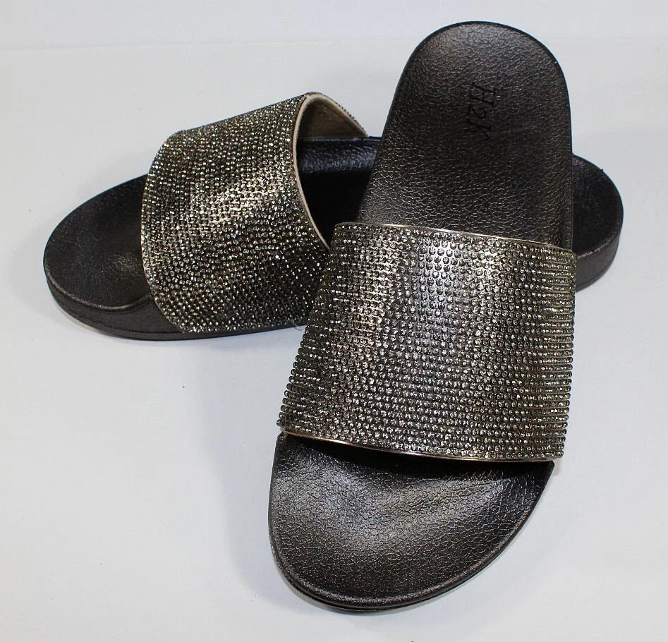 H2K Silver Sparkle Fashion Slides Flip Flops Sandals Bling Size 7