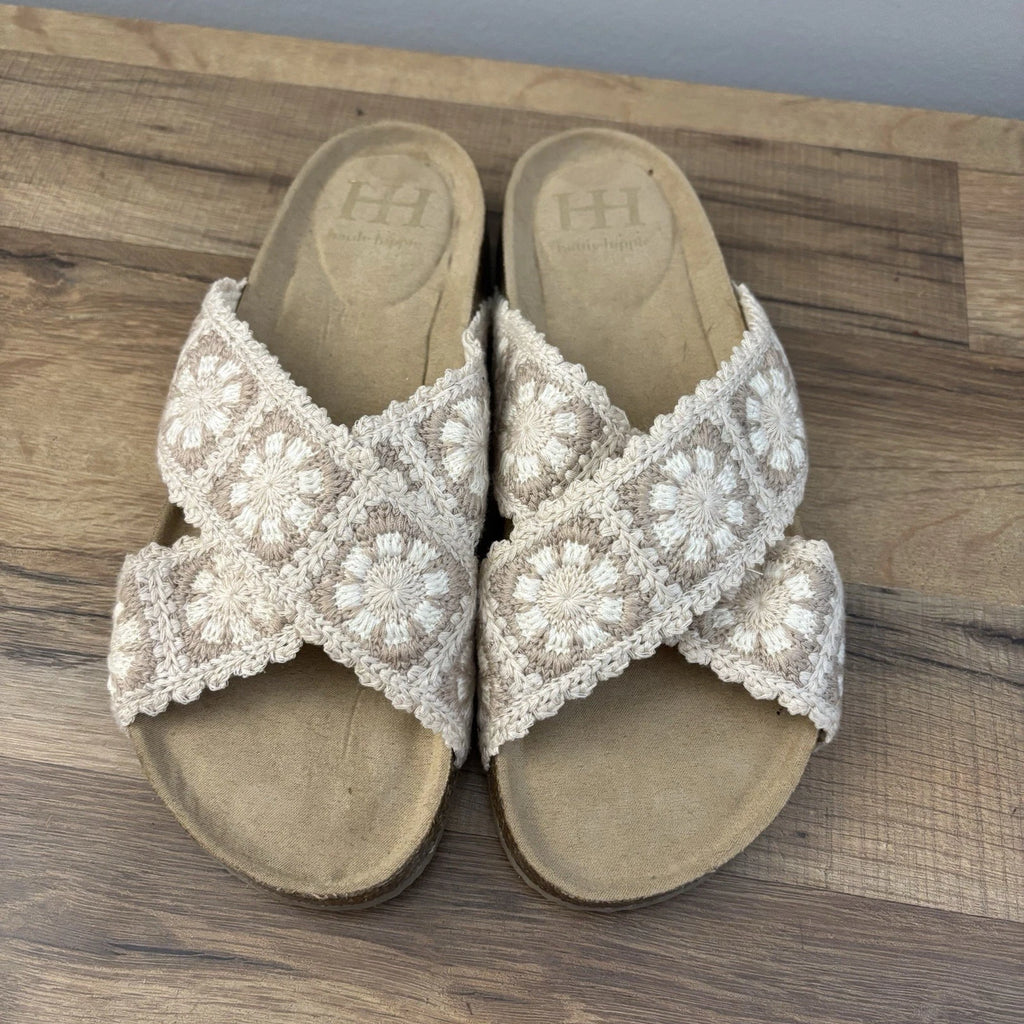Haute Hippie Floral Embroidery Crochet Style Criss Cross Sandals 9 M