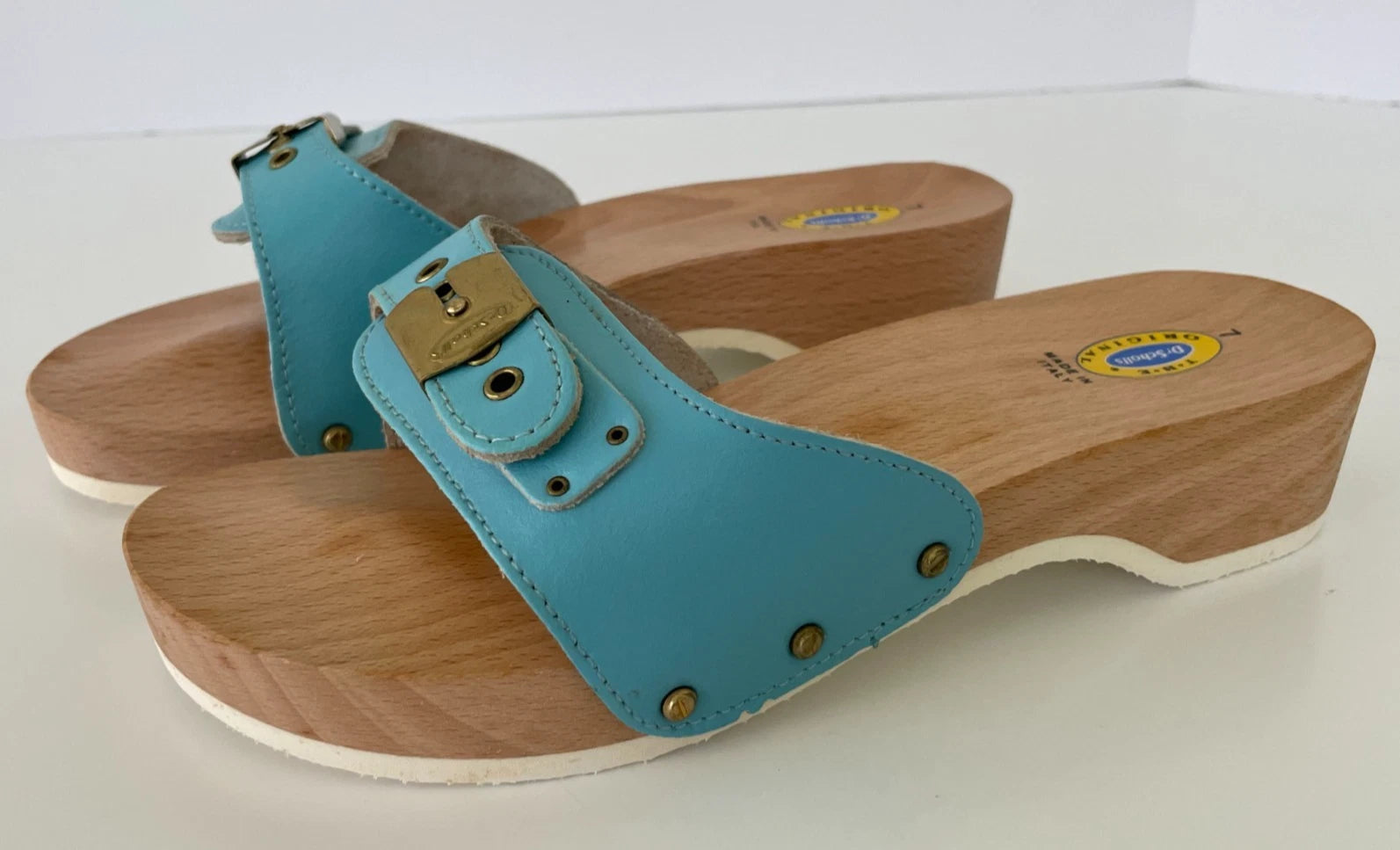 Dr. Scholl's The Original Wooden Sandals Slides Aqua Blue Leather Size 7 Italy
