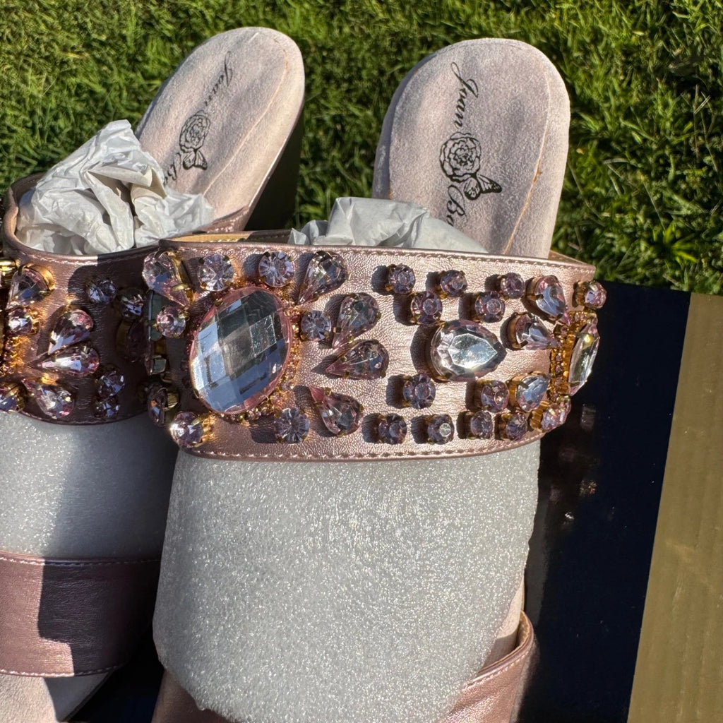 Joan Boyce Rosegold Jeweled Wedge Slides Size 7W Embellished Sandals New in Box