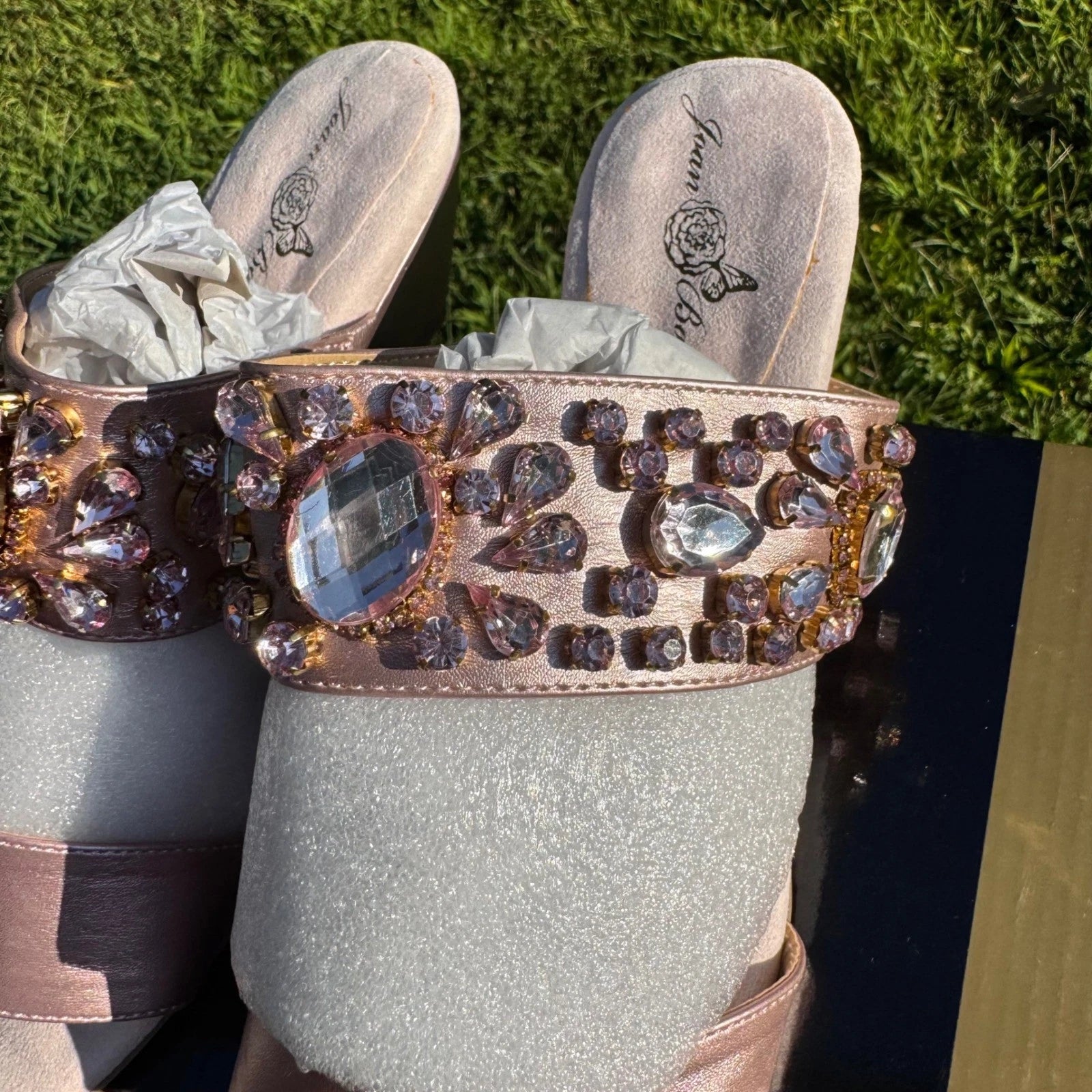 Joan Boyce Rosegold Jeweled Wedge Slides Size 7W Embellished Sandals New in Box