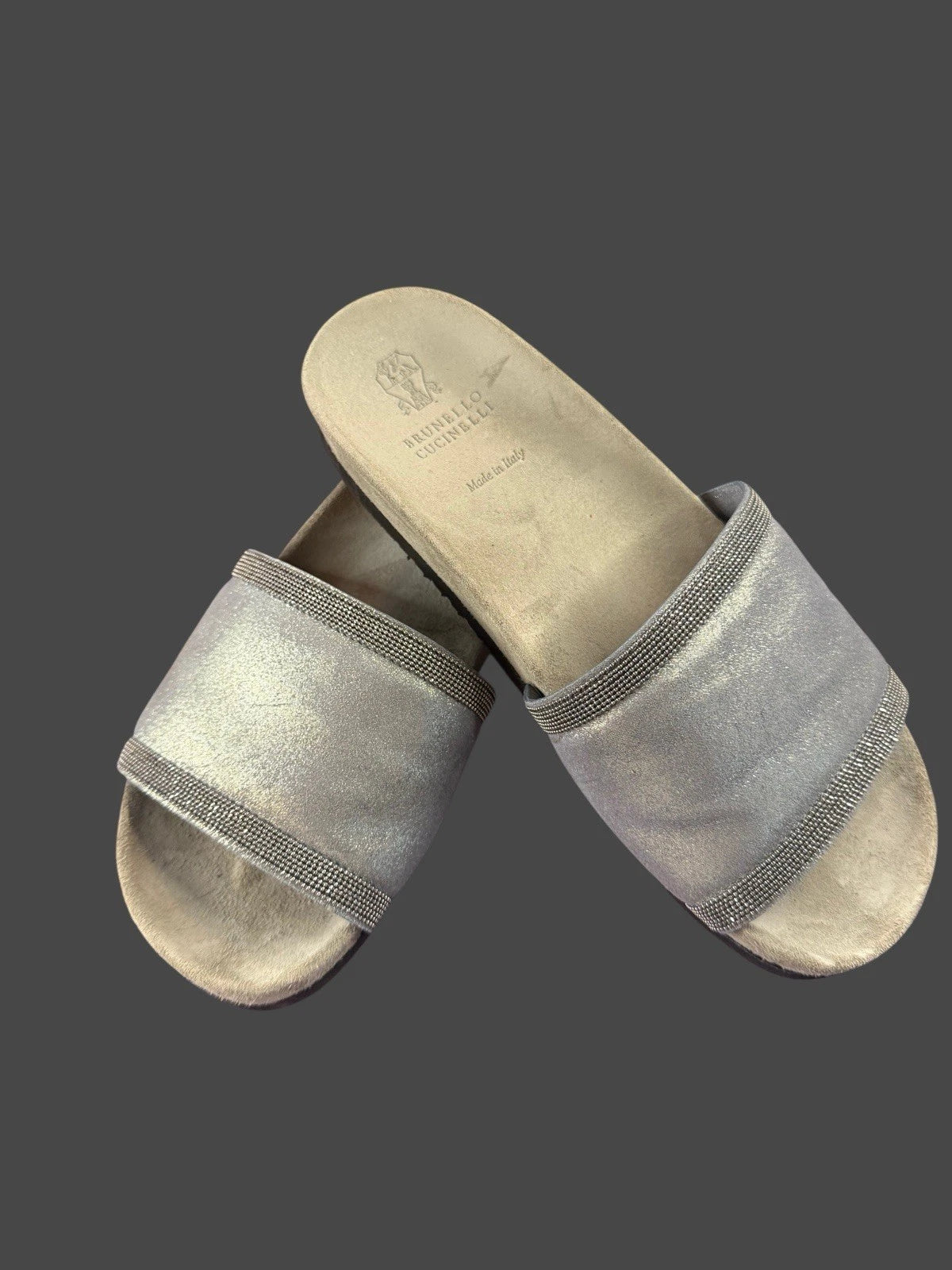 Brunello Cucinelli Monili Gray Suede Slides Sz 36.5 Women's us sz 6.5 $995