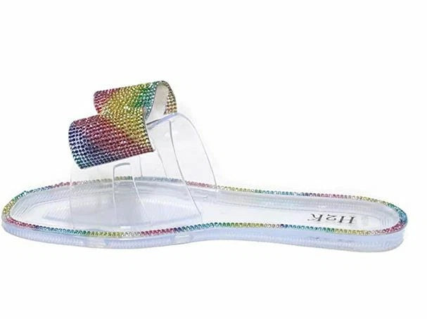 H2K Lucia Rainbow Fashion Jelly Slides Flip Flops Bow Sandals Bling Open Toe New