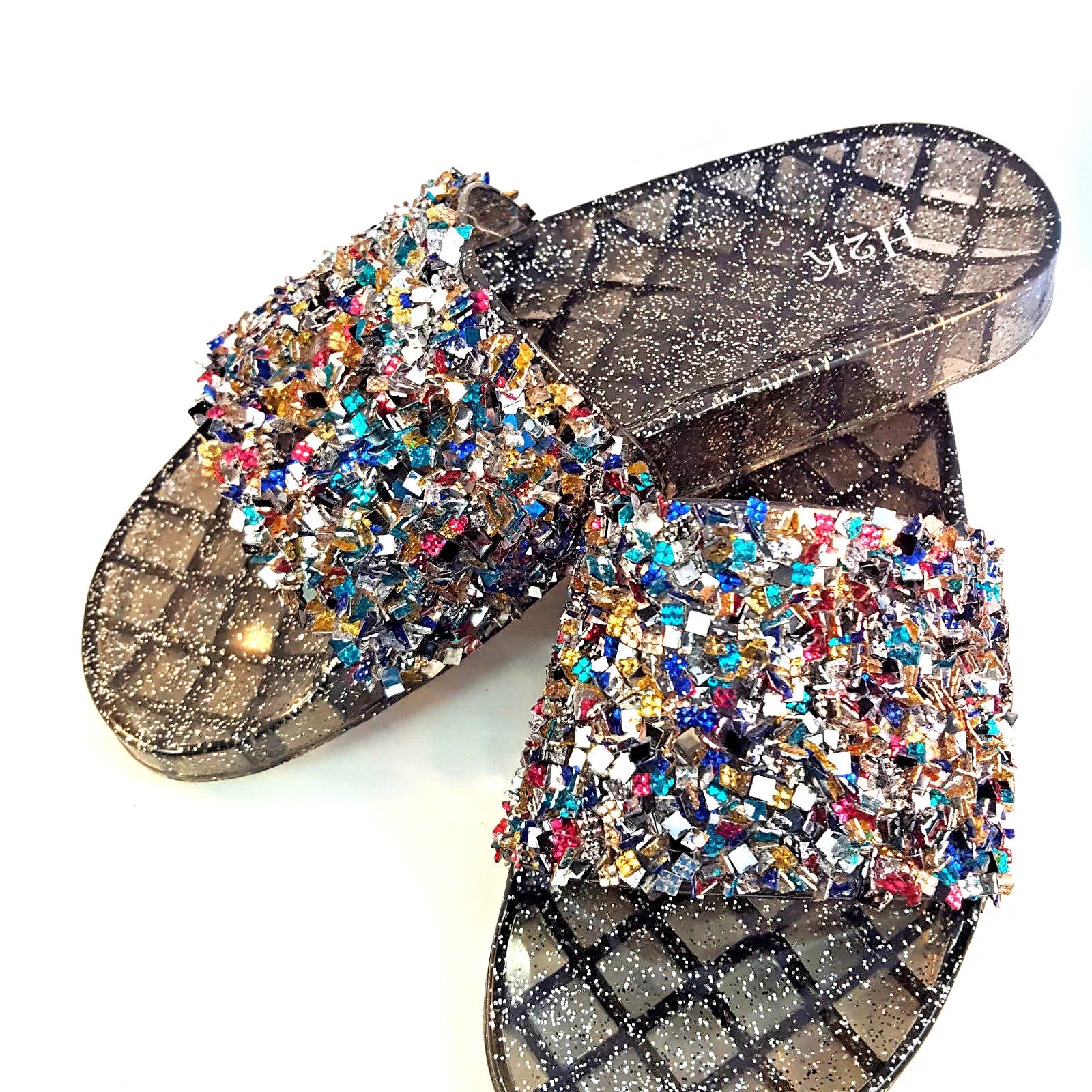 H2K CANDY Multi Color Glitter Beads Fashion Slides Flip Flops Sandals Bling