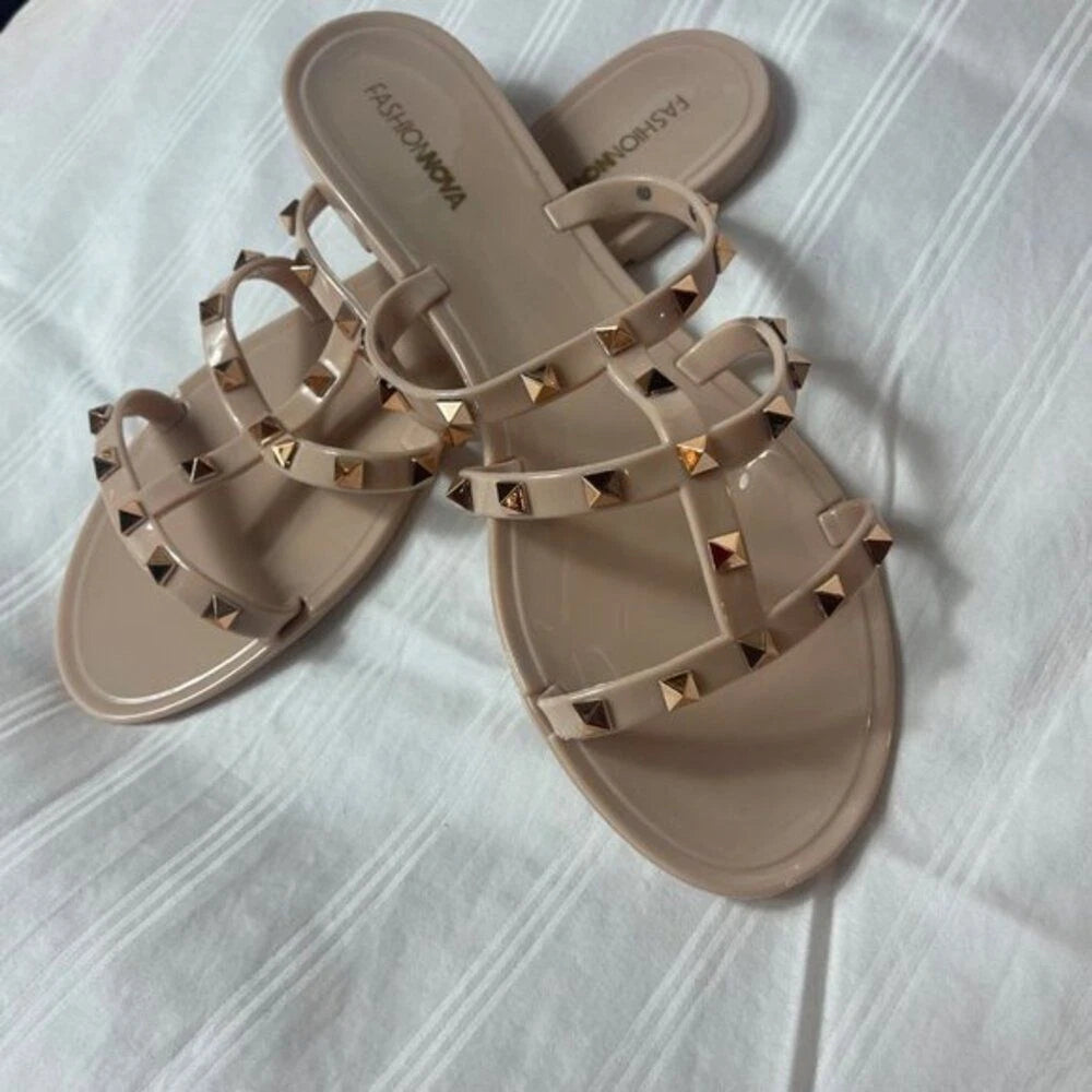 Fashion Nova Drive You Wild Flat Beige Slide On Studded Detail Sandal Size 10