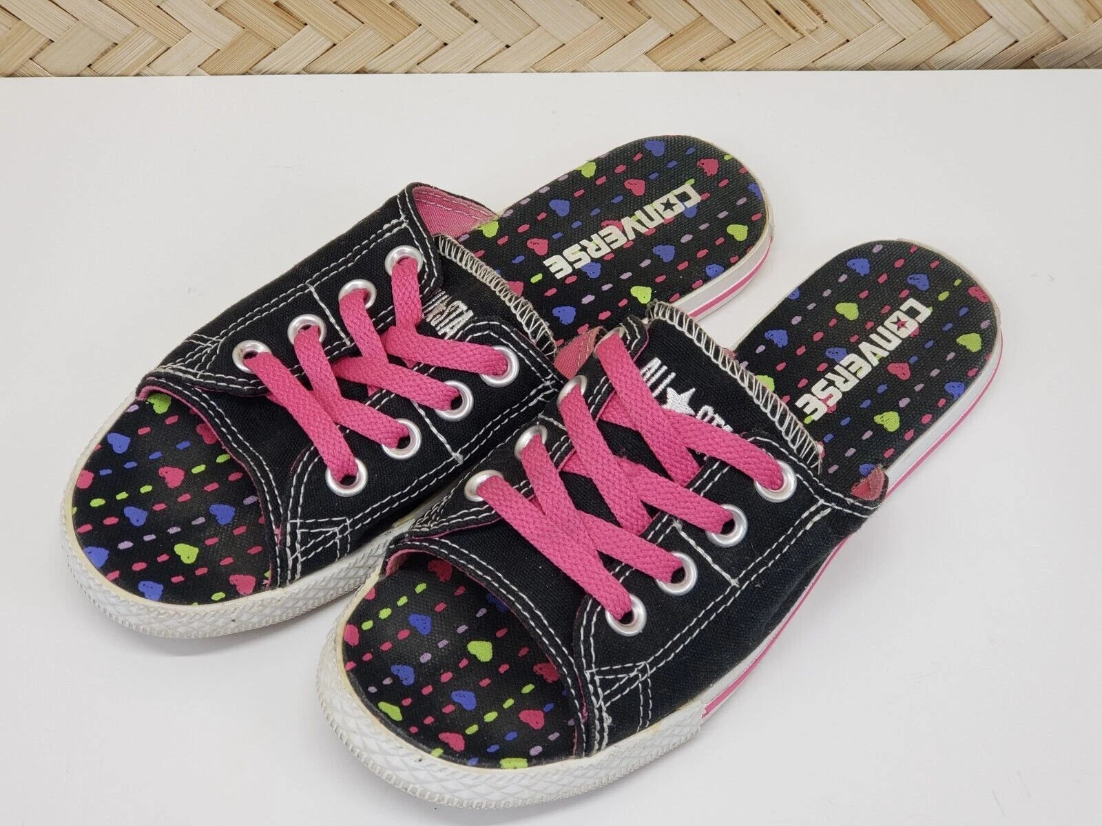 Converse All Star Cut Away Sandals Slides Womens 6 Black Heart Dots **Rare Style