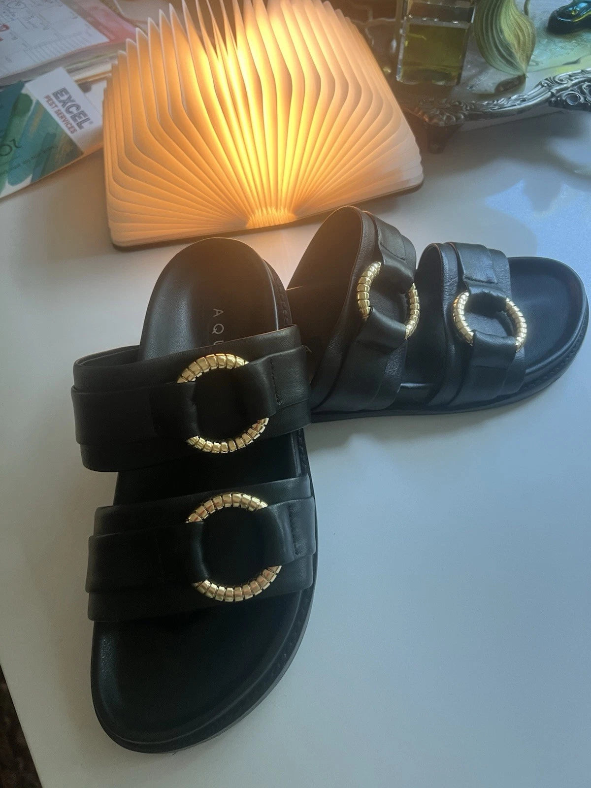 Aqua Bloomingdales Leather Arizona Style Slides Womens 7 Black Gold Black $128