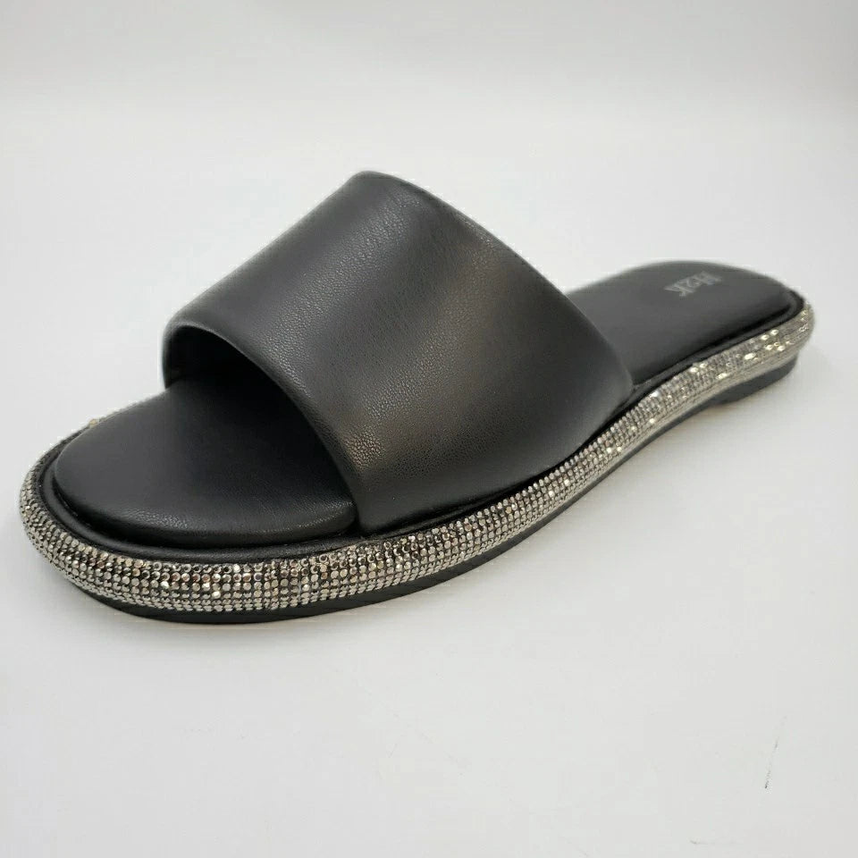 Womens Black Rhinestone Slides Open Toe Sandals Flip Flops Slipper Summer Shoes
