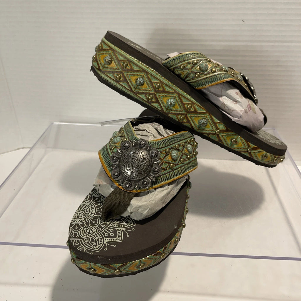Montana West Green/Brown Embossed Studs Western Style Wedge Sandals Sz8-8.5