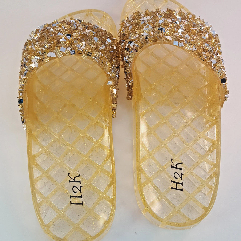 H2K CANDY Gold Color Glitter Beads Fashion Slides Flip Flops Sandals Bling