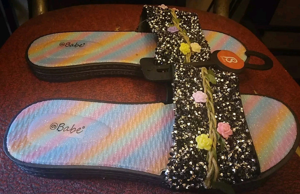 Babe's Rainbow Floral Black Fashion Women's Slides Slippers Size 6 (BRAND NEW)