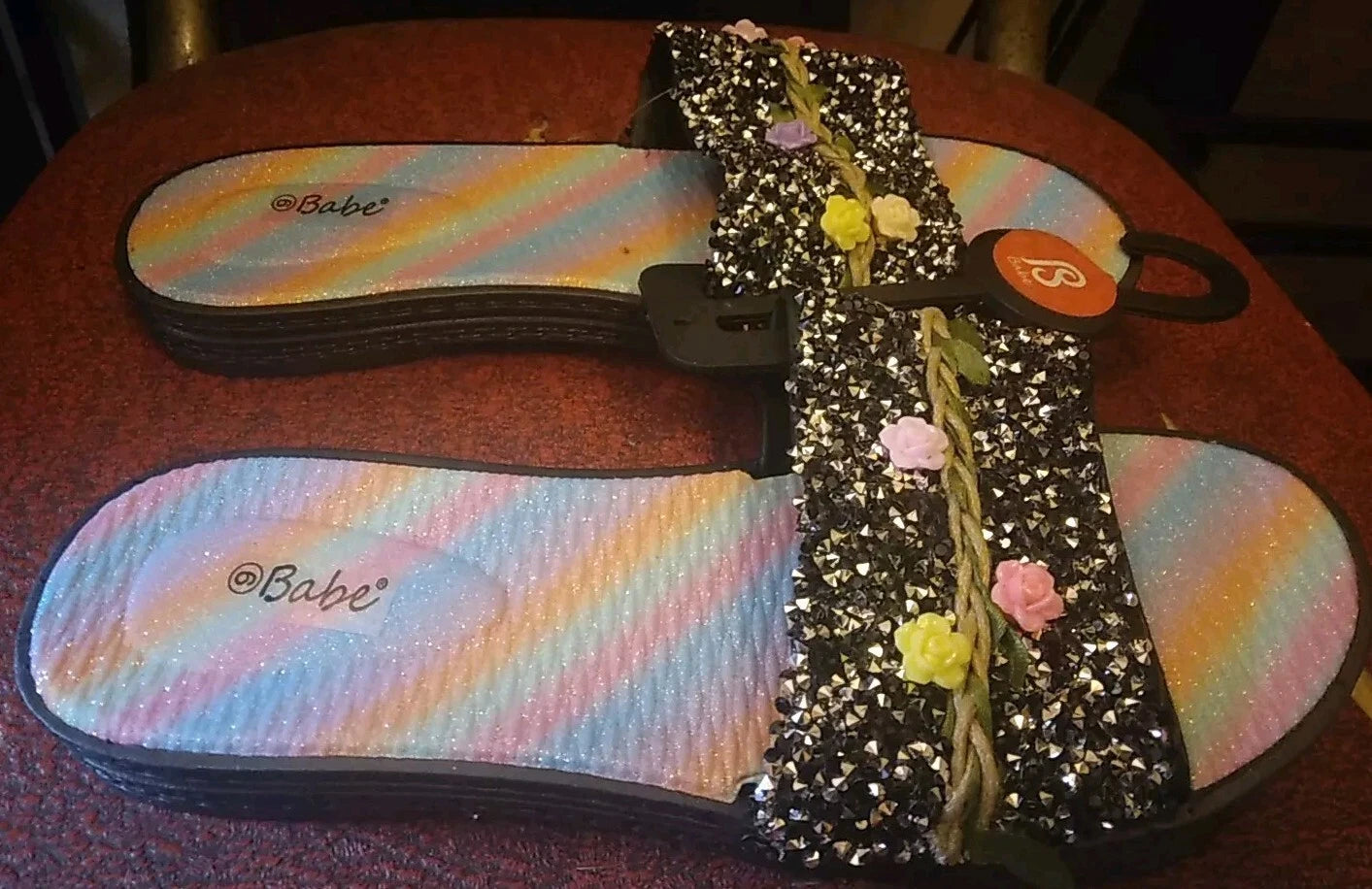 Babe's Rainbow Floral Black Fashion Women's Slides Slippers Size 6 (BRAND NEW)