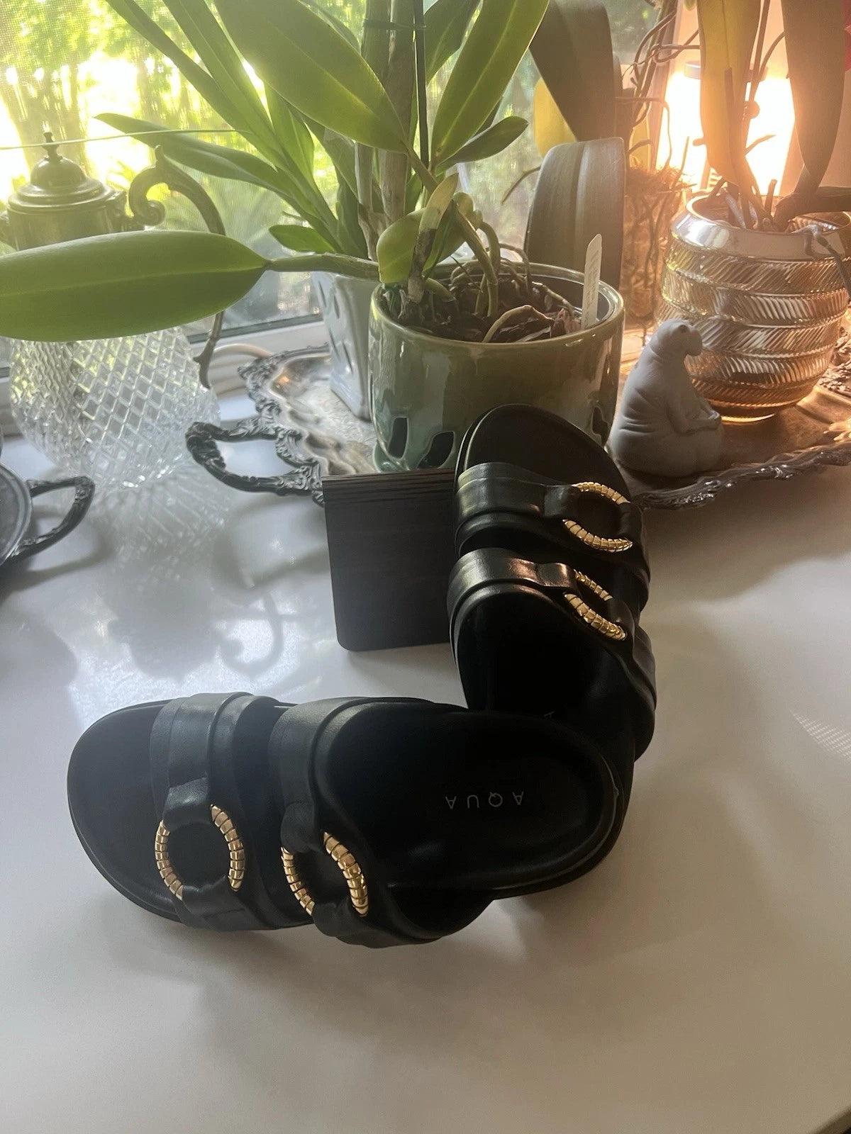 Aqua Bloomingdales Leather Arizona Style Slides Womens 7 Black Gold Black $128