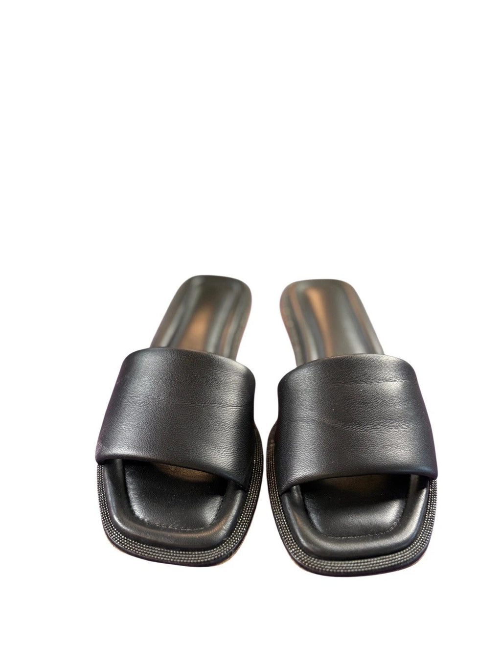 BRUNELLO CUCINELLI $895 Slide Sandal  Sparkling Monili Trim Blck Leather Sz 36.5