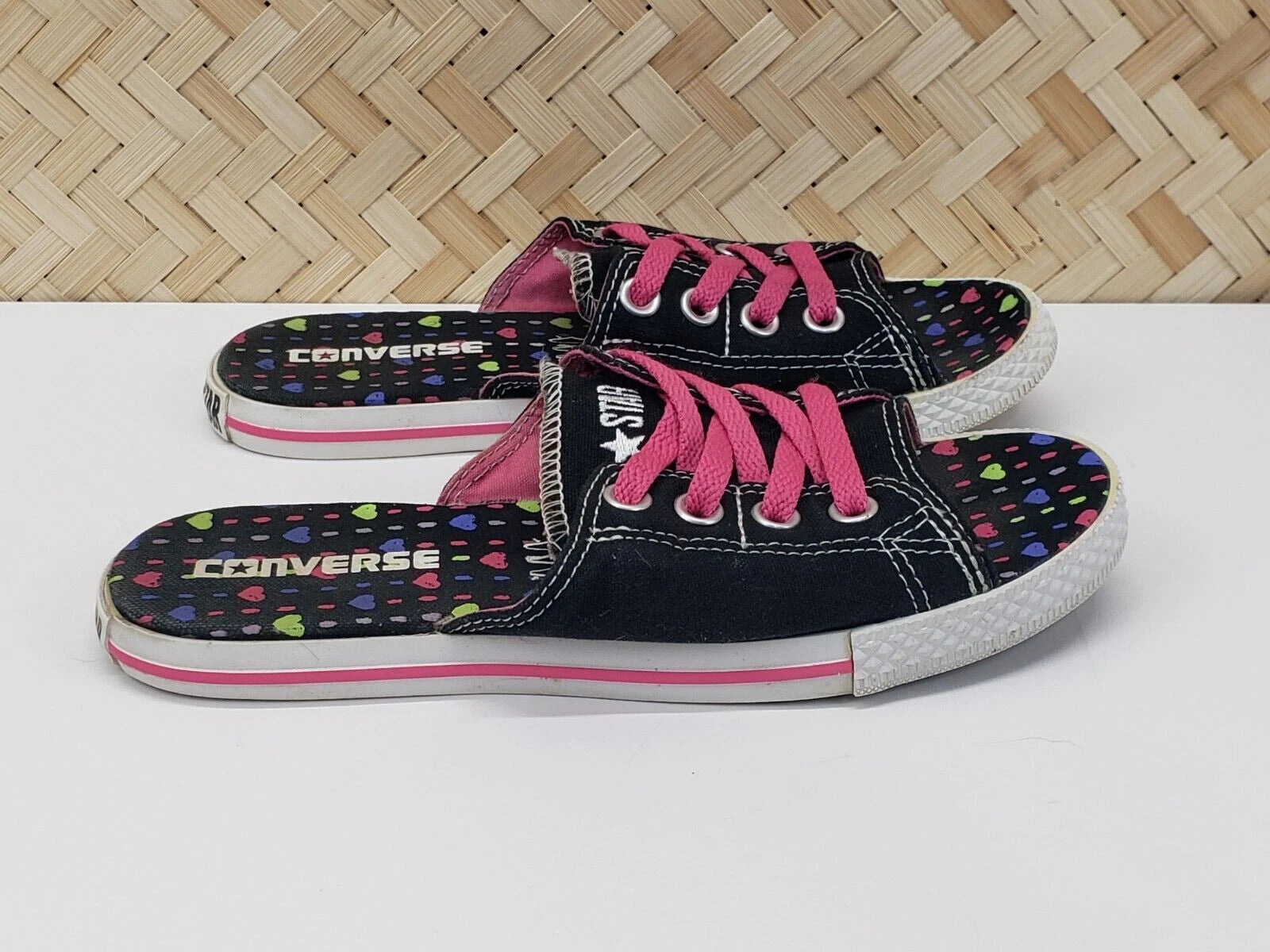 Converse All Star Cut Away Sandals Slides Womens 6 Black Heart Dots **Rare Style