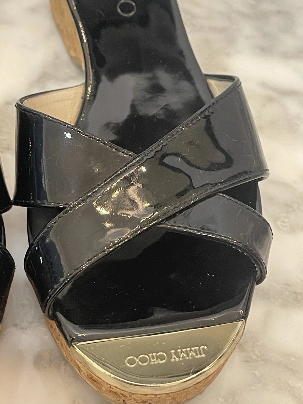 Jimmy Choo Black Patent Leather Pandra Sandal Cork Wedges, Gold Toe, Size 37/7