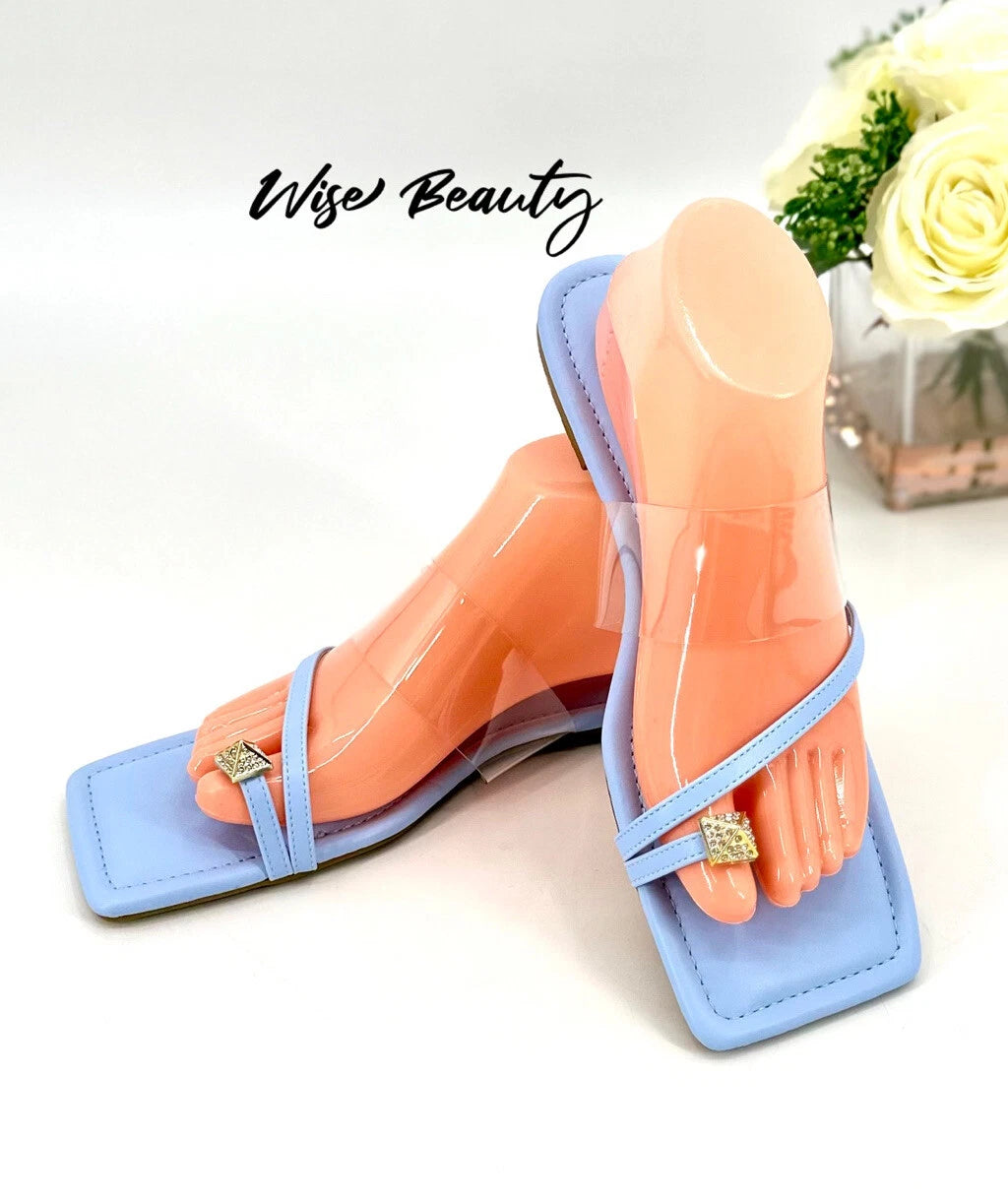 Cape Robbin Toe Ring Slide Sandals Women’s Size 9 Flats Blue Clear Gold NEW