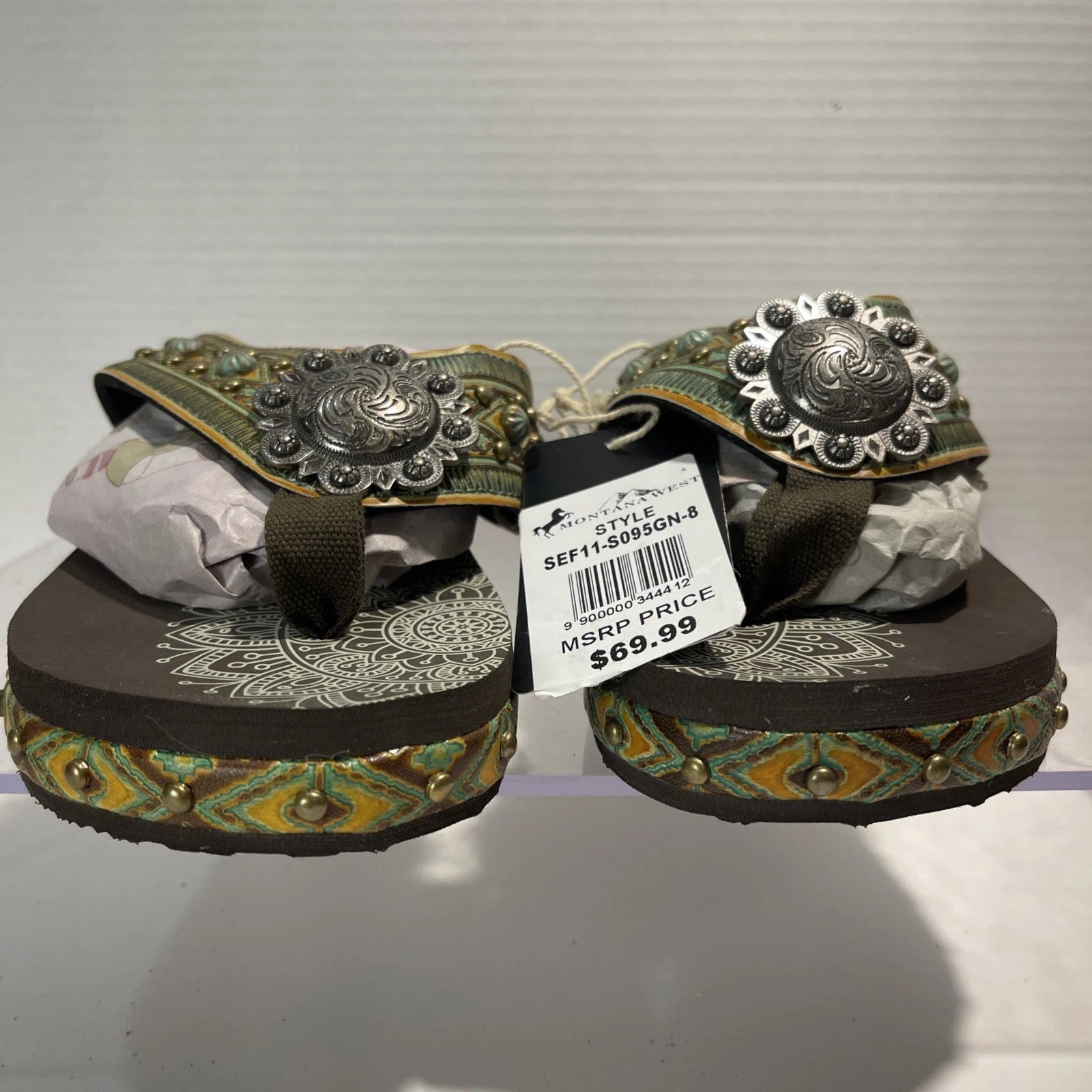 Montana West Green/Brown Embossed Studs Western Style Wedge Sandals Sz8-8.5