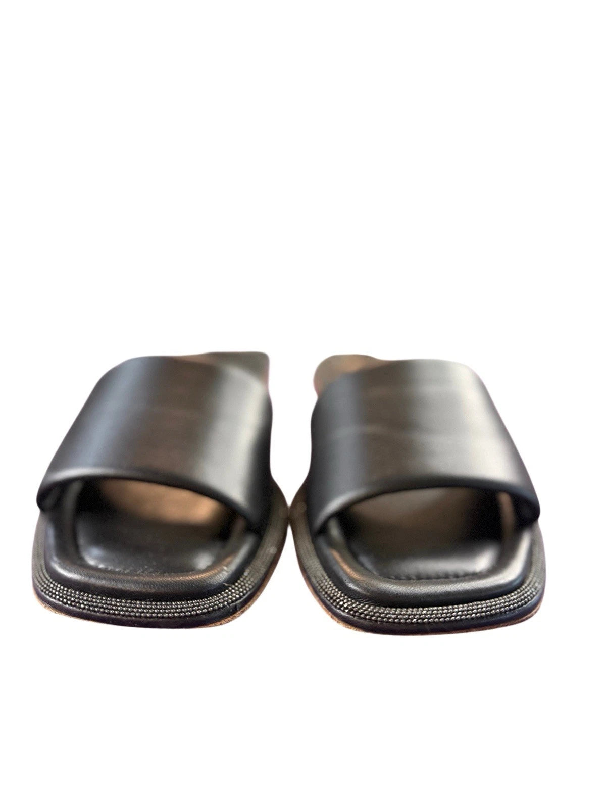 BRUNELLO CUCINELLI $895 Slide Sandal  Sparkling Monili Trim Blck Leather Sz 36.5