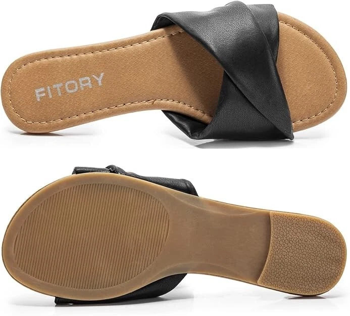 FITORY Women's Flat Sandals Fashion Slides Soft Leather Slippers for Summer US6