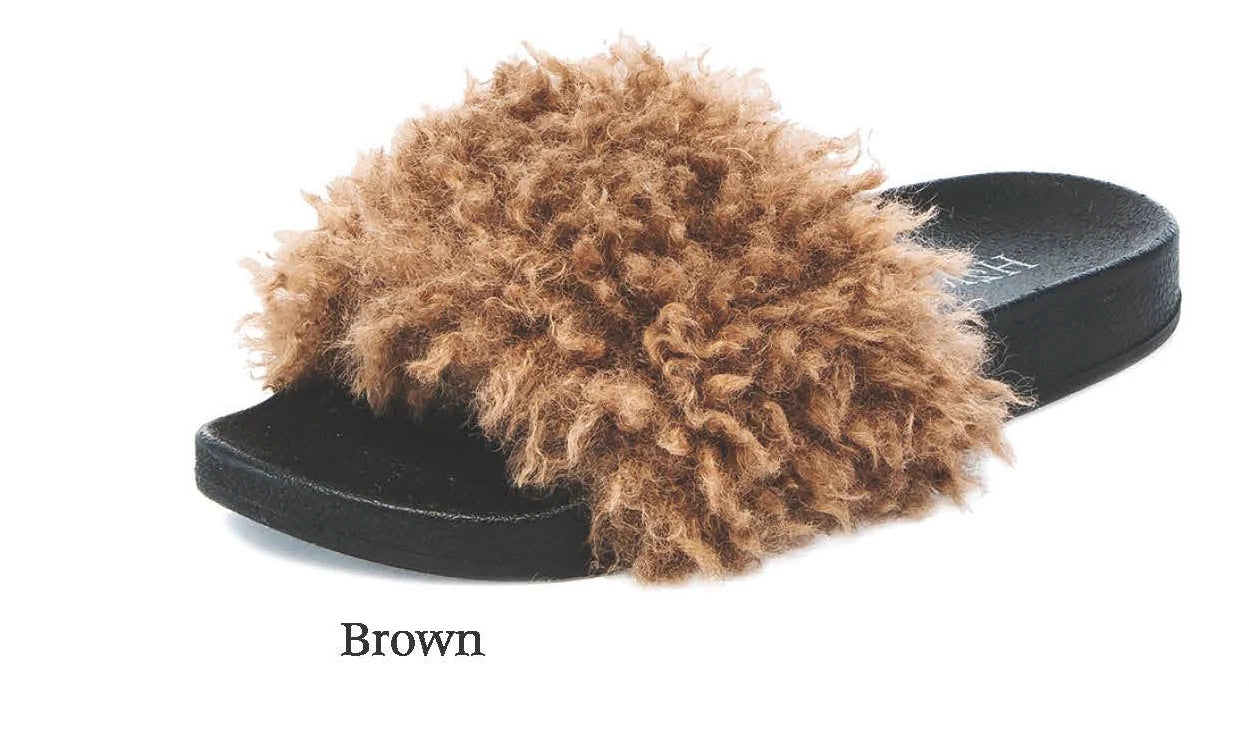 H2K Paula Brown FUZZY Fur Fashion Slides Flip Flops Sandals Slides Cozy Warm
