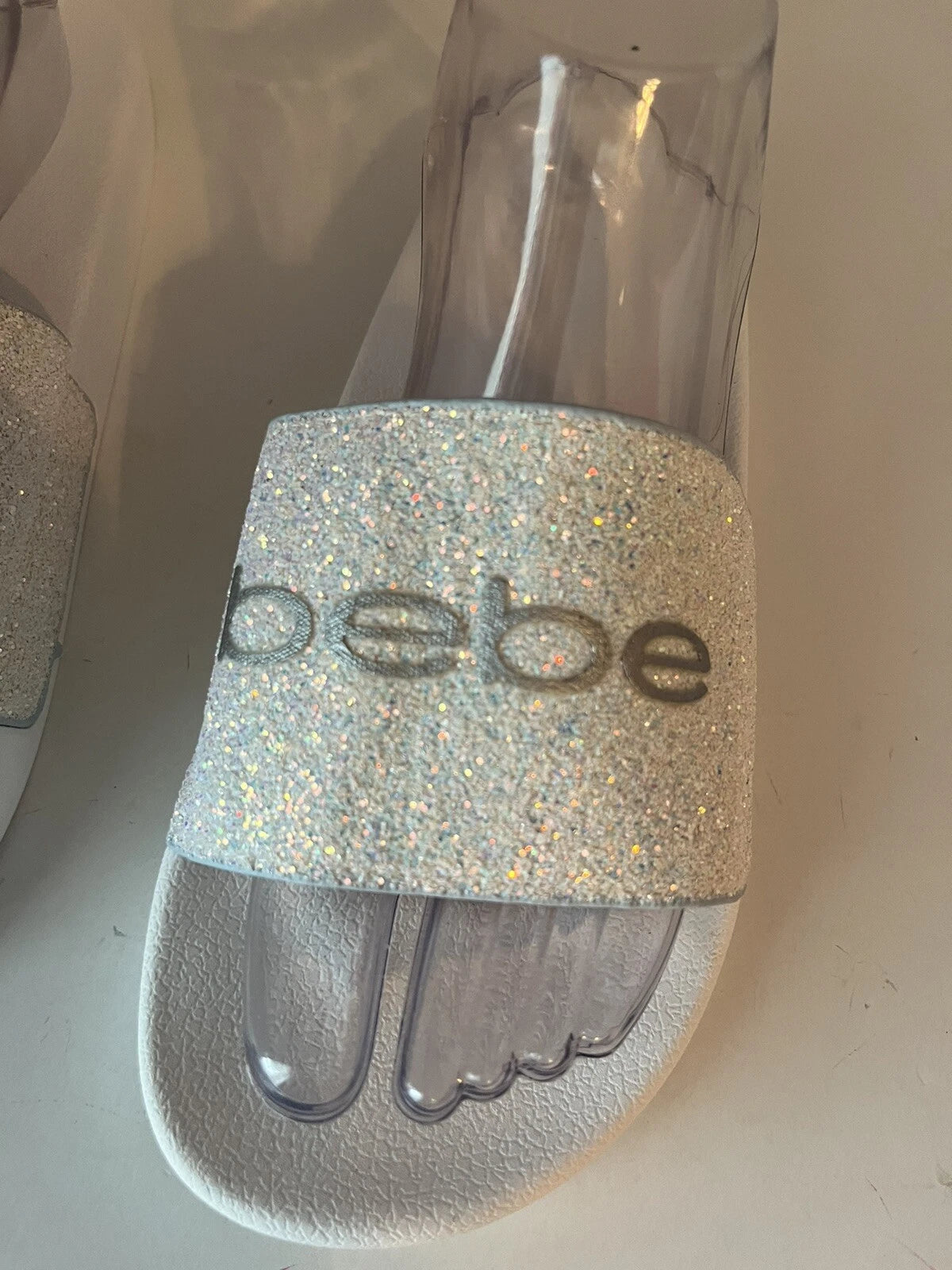 Bebe Women’s White Slide Fashion Sandals Flats Size 10, Glitter. NWOT. Fast Ship