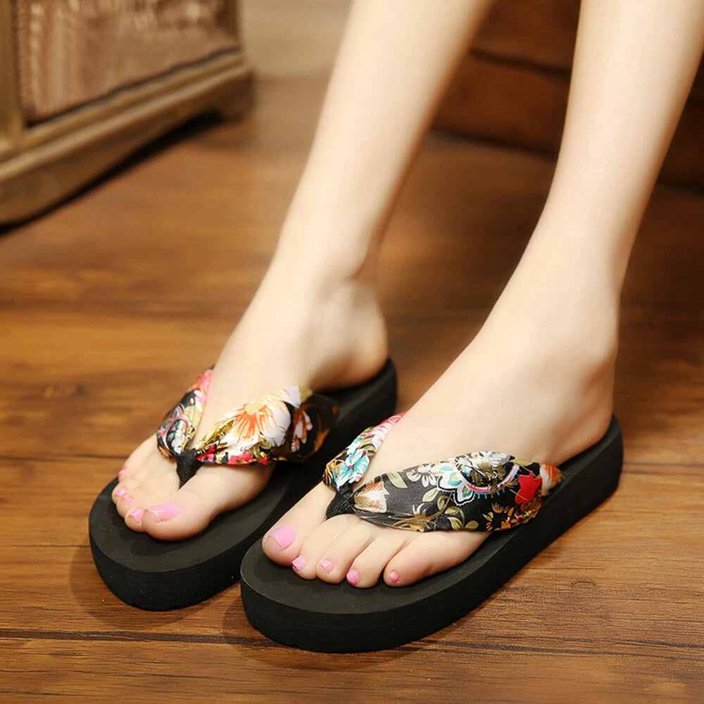 Women Fashion Floral Thong Flip Flops Summer Beach Anti Slip Black Sandals 7-8