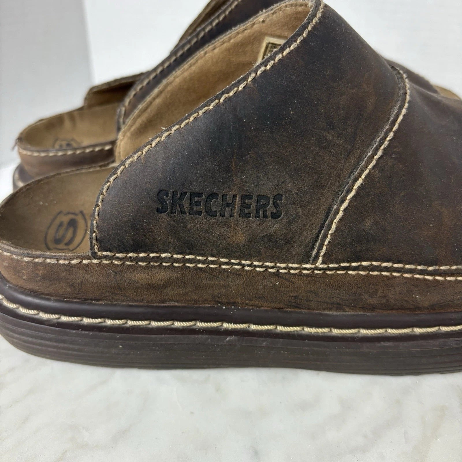 Y2K style chunky brown leather platform slides women's 11 Sketchers 90s 2000s