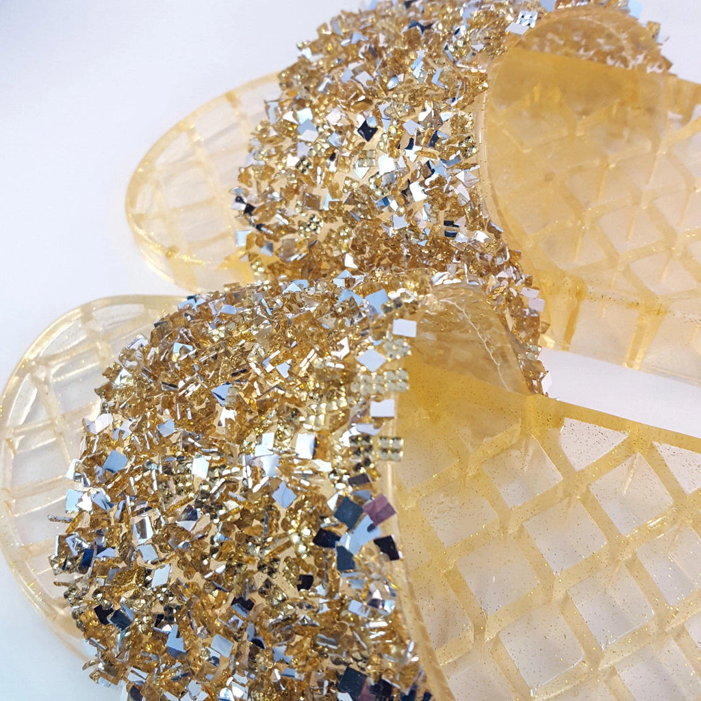 H2K CANDY Gold Color Glitter Beads Fashion Slides Flip Flops Sandals Bling