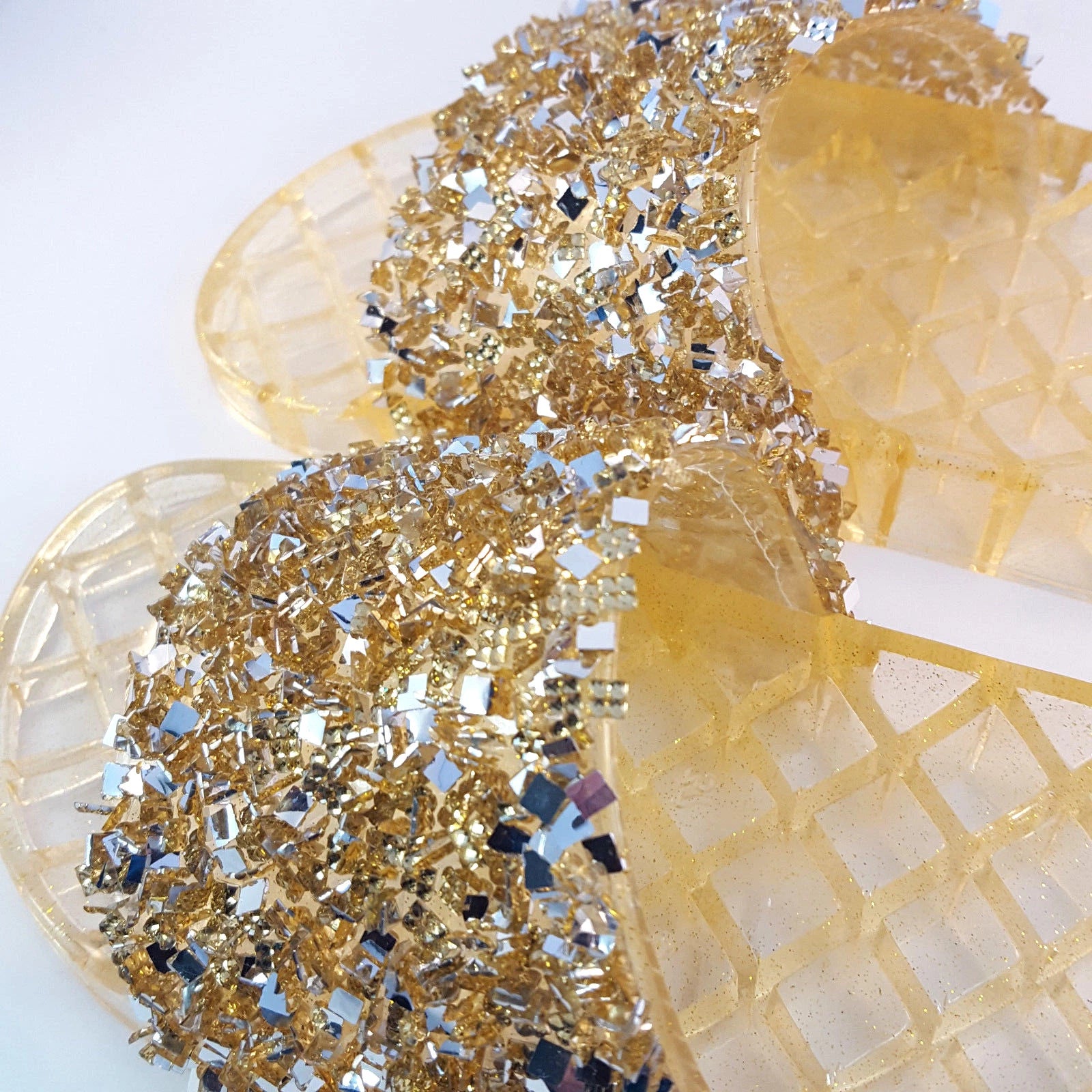 H2K CANDY Gold Color Glitter Beads Fashion Slides Flip Flops Sandals Bling