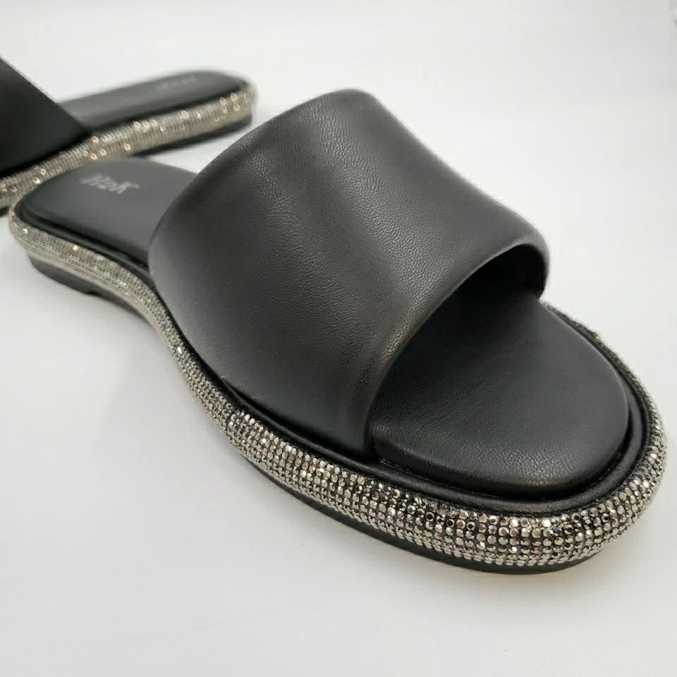 Womens Black Rhinestone Slides Open Toe Sandals Flip Flops Slipper Summer Shoes