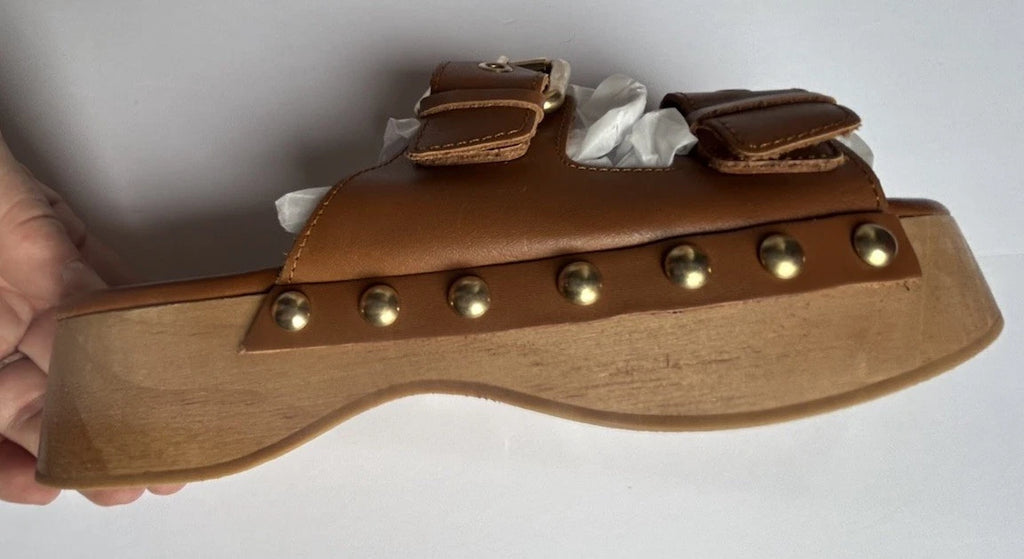 ZARA Brown Leather Buckled Wood Clog Sandals Size 38/7.5 US EUC Retro 70’s Style