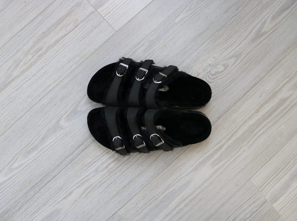 Birkenstock Florida Triple Strap Black Sandals Fur Lined EU 41 US W 10 US M 8.5