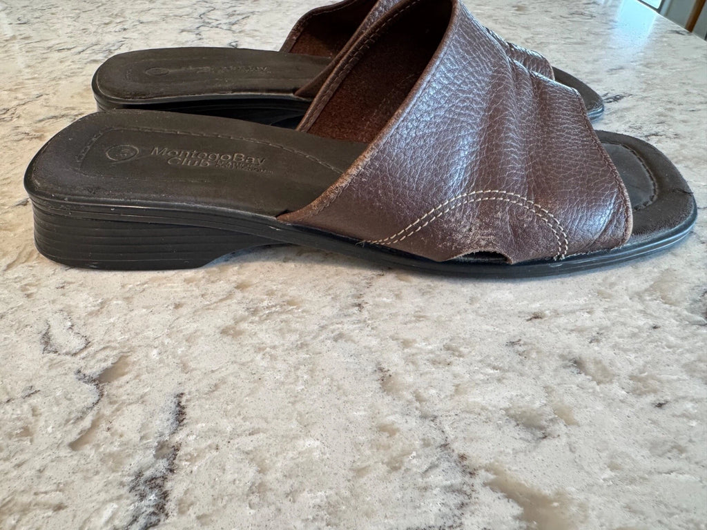 Vtg Montego Bay Club Leather Slides Sandals Brown Womens Sz 8W Wide Shoes