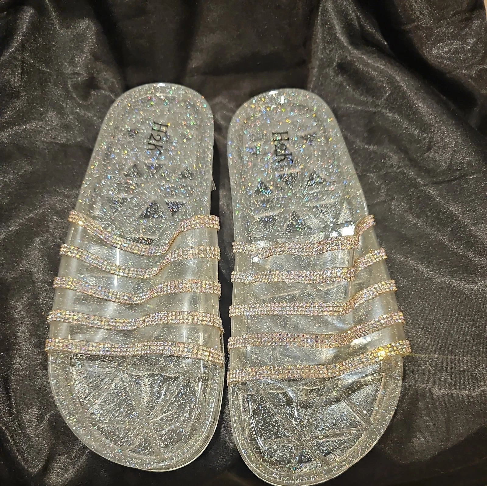 💎H2K CANDY Silver Color Glitter Beads Fashion Slides Flip Flops Sandals Bling💎