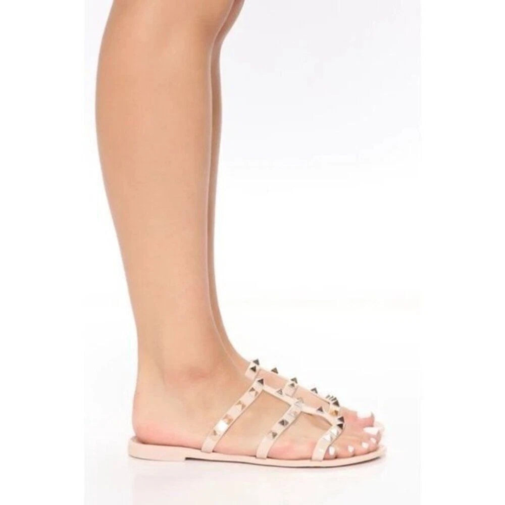 Fashion Nova Drive You Wild Flat Beige Slide On Studded Detail Sandal Size 10