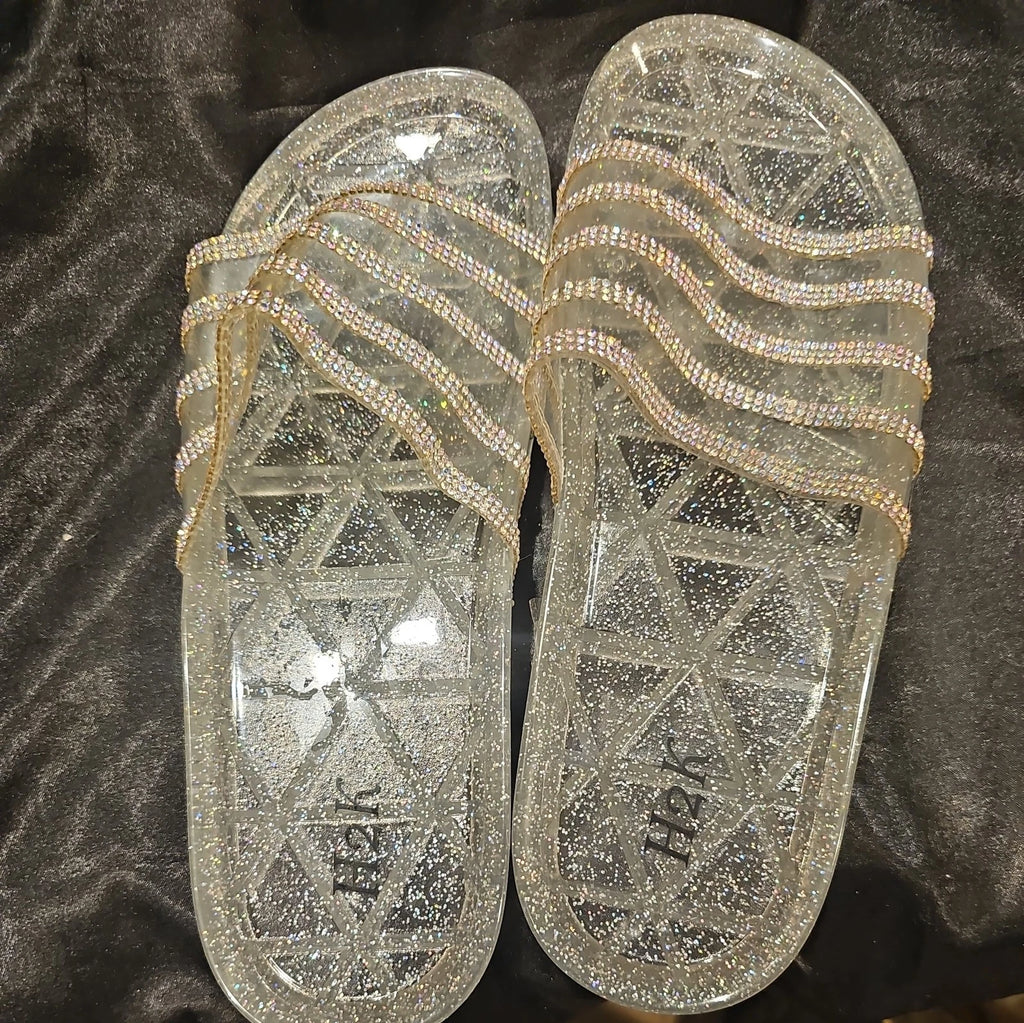 💎H2K CANDY Silver Color Glitter Beads Fashion Slides Flip Flops Sandals Bling💎