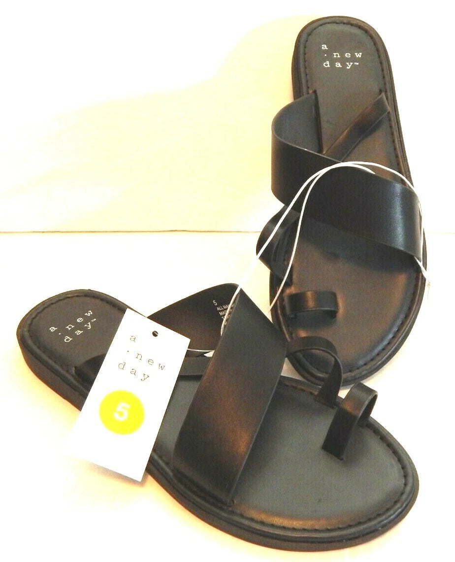 Women's Kallima Faux Leather Toe Ring Style Slide Sandals - A New Day Black Sz 5