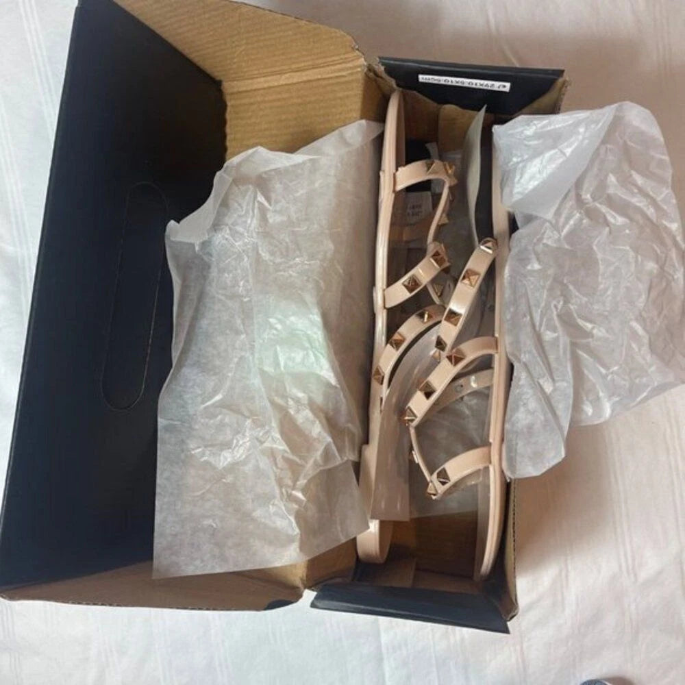 Fashion Nova Drive You Wild Flat Beige Slide On Studded Detail Sandal Size 10
