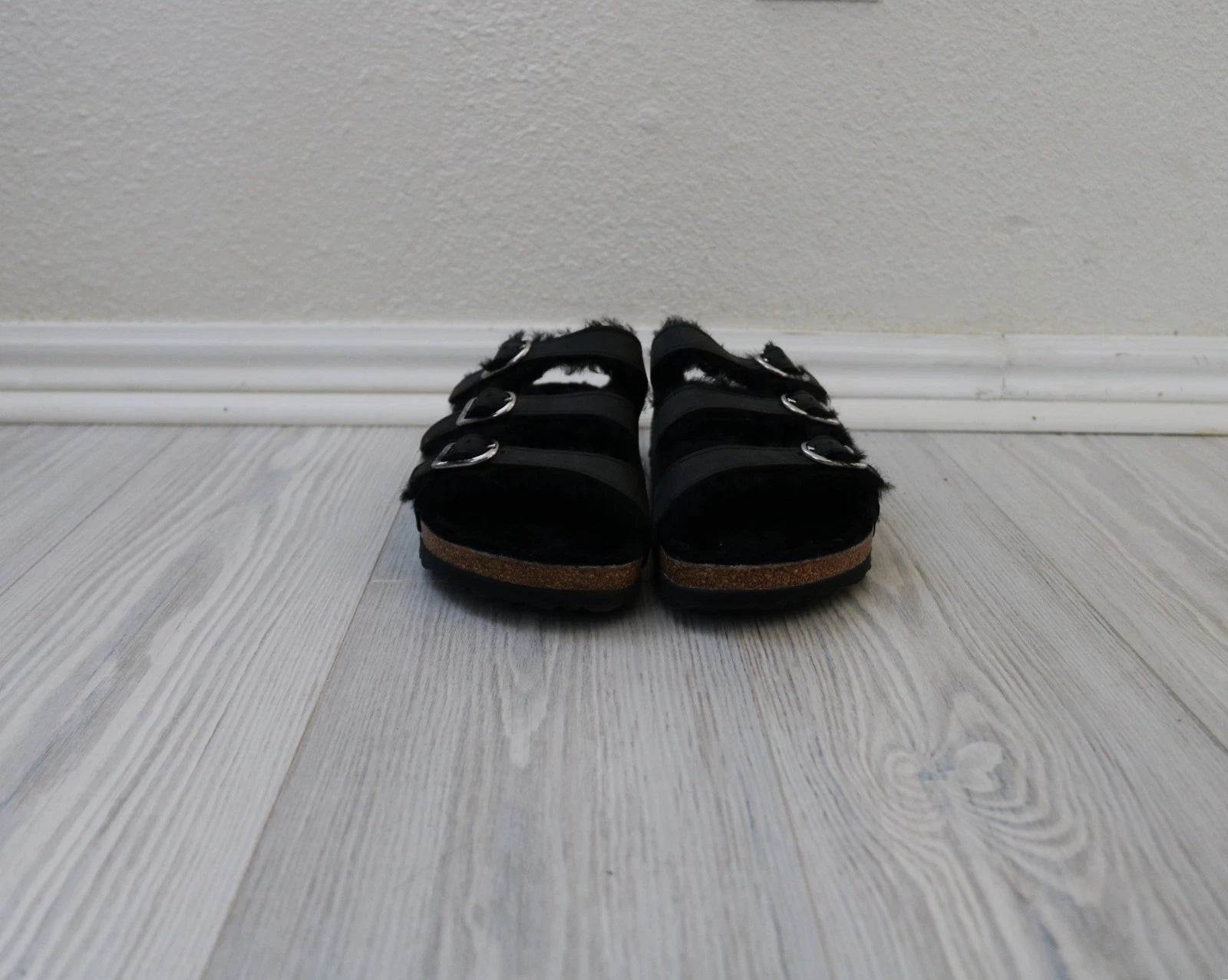 Birkenstock Florida Triple Strap Black Sandals Fur Lined EU 41 US W 10 US M 8.5